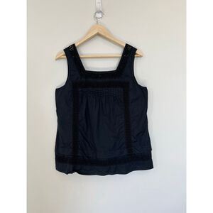 GAP Linen Blend Black Eyelet Tank Top Boho Minimalist Lace Detail Square Neck